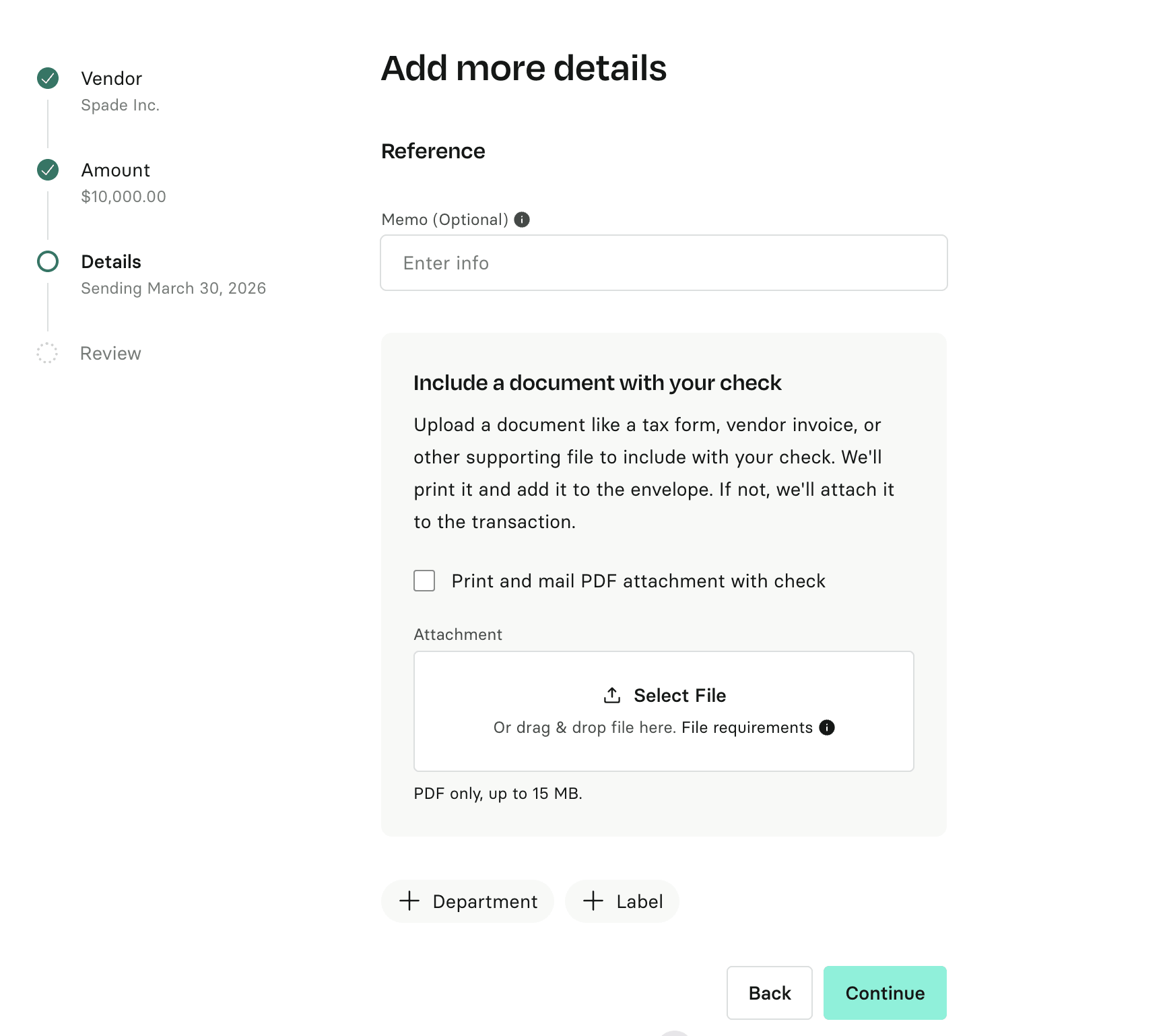 The Add more details step of a check payment, with the option to print and mail a PDF attachment along with the check