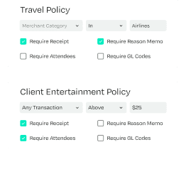 Image showing two policy sections: Travel Policy and Client Entertainment Policy, each with options for receipts, memos, attendees, and GL codes.