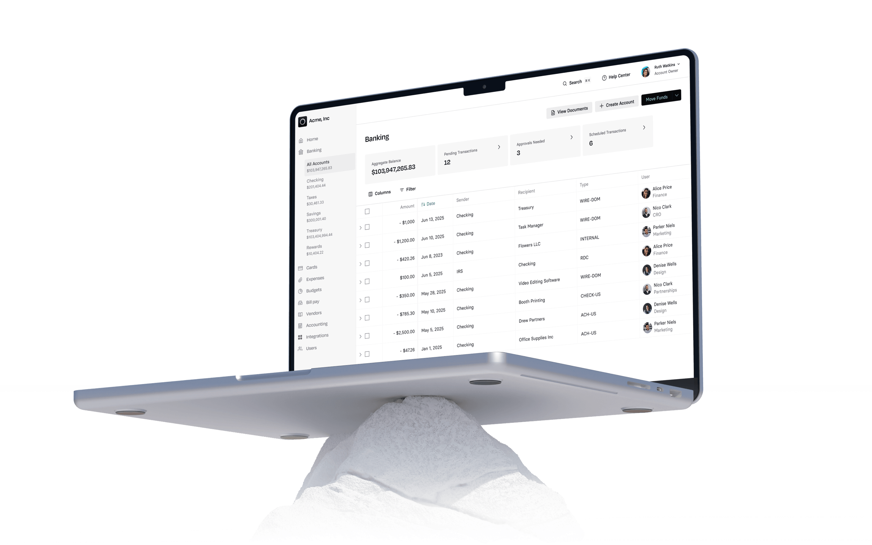 Laptop displaying the Rho banking dashboard with account balances and recent transactions