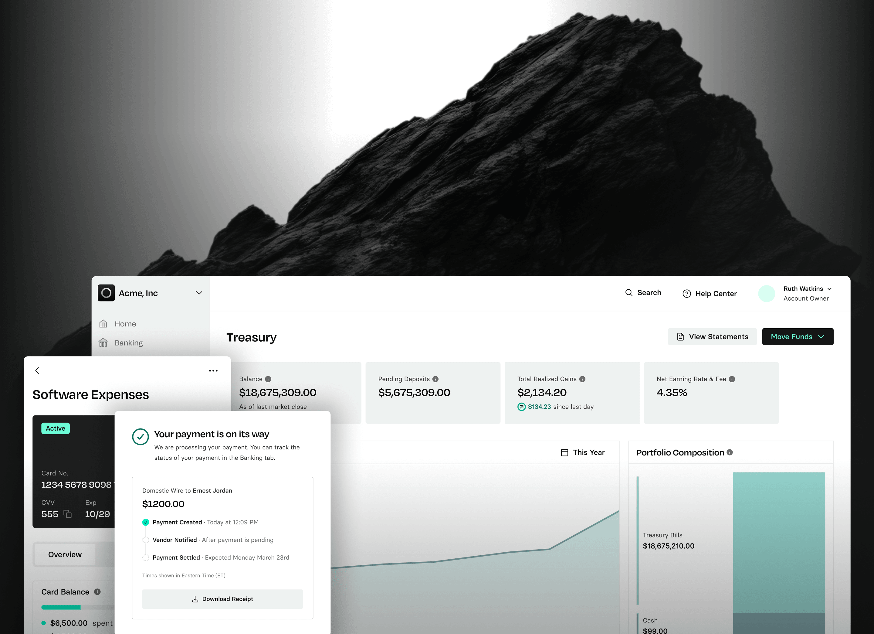 Three product screens featuring card spend, payments, and our accounts dashboard overlayed on a background of a dark mountainous boulder.