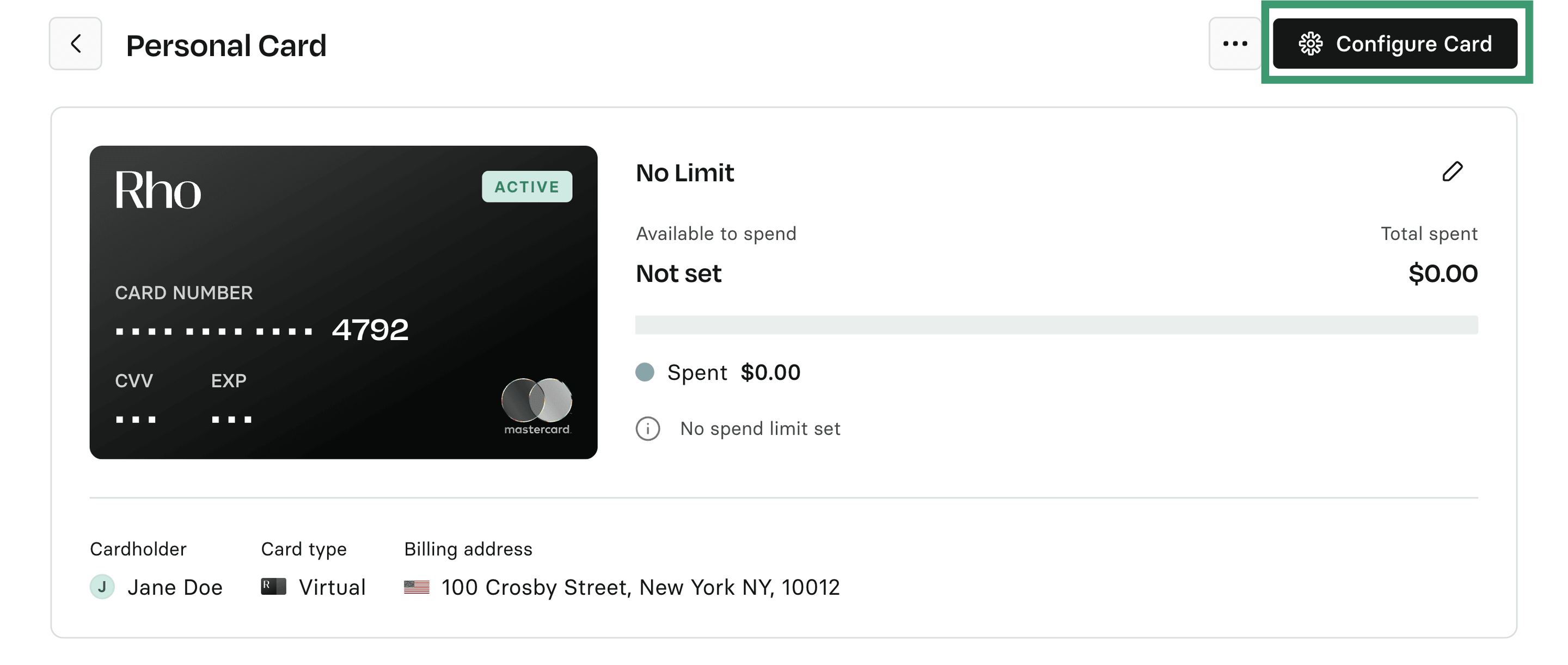 A card's detail page with the Configure Card button highlighted, showing no spend limit set