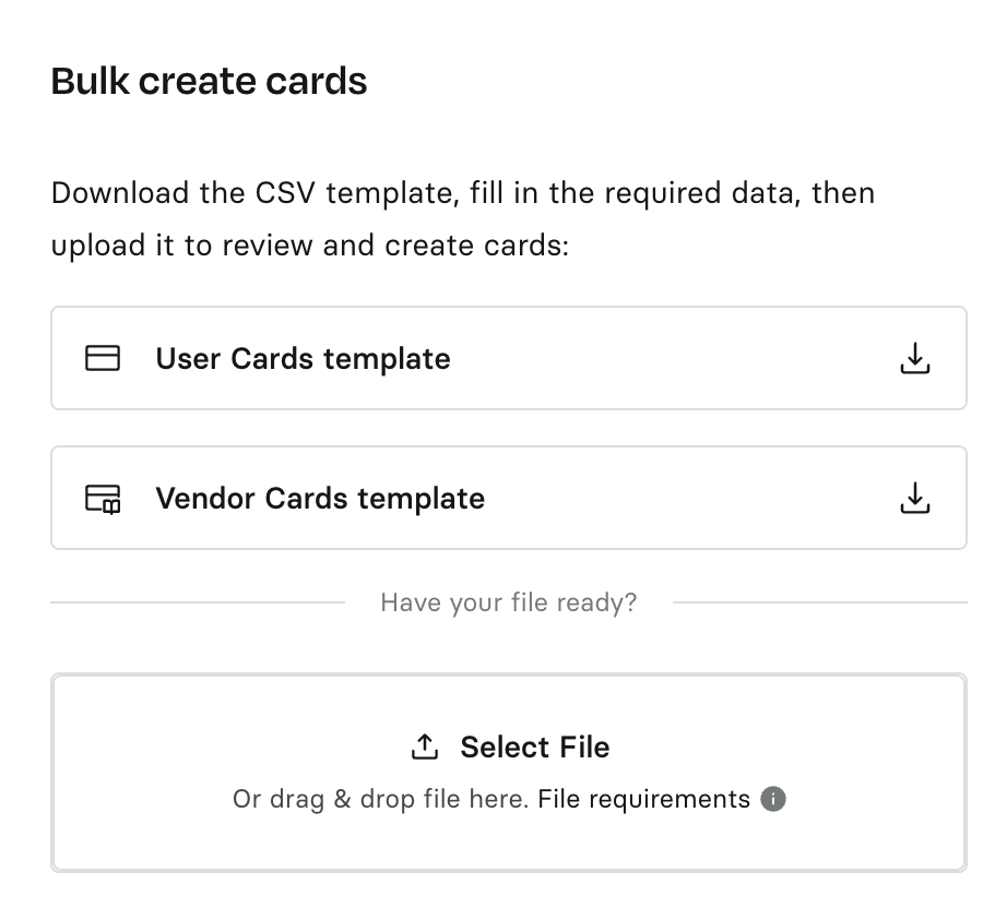 The Bulk create cards panel offering user and vendor card CSV templates and a file upload area